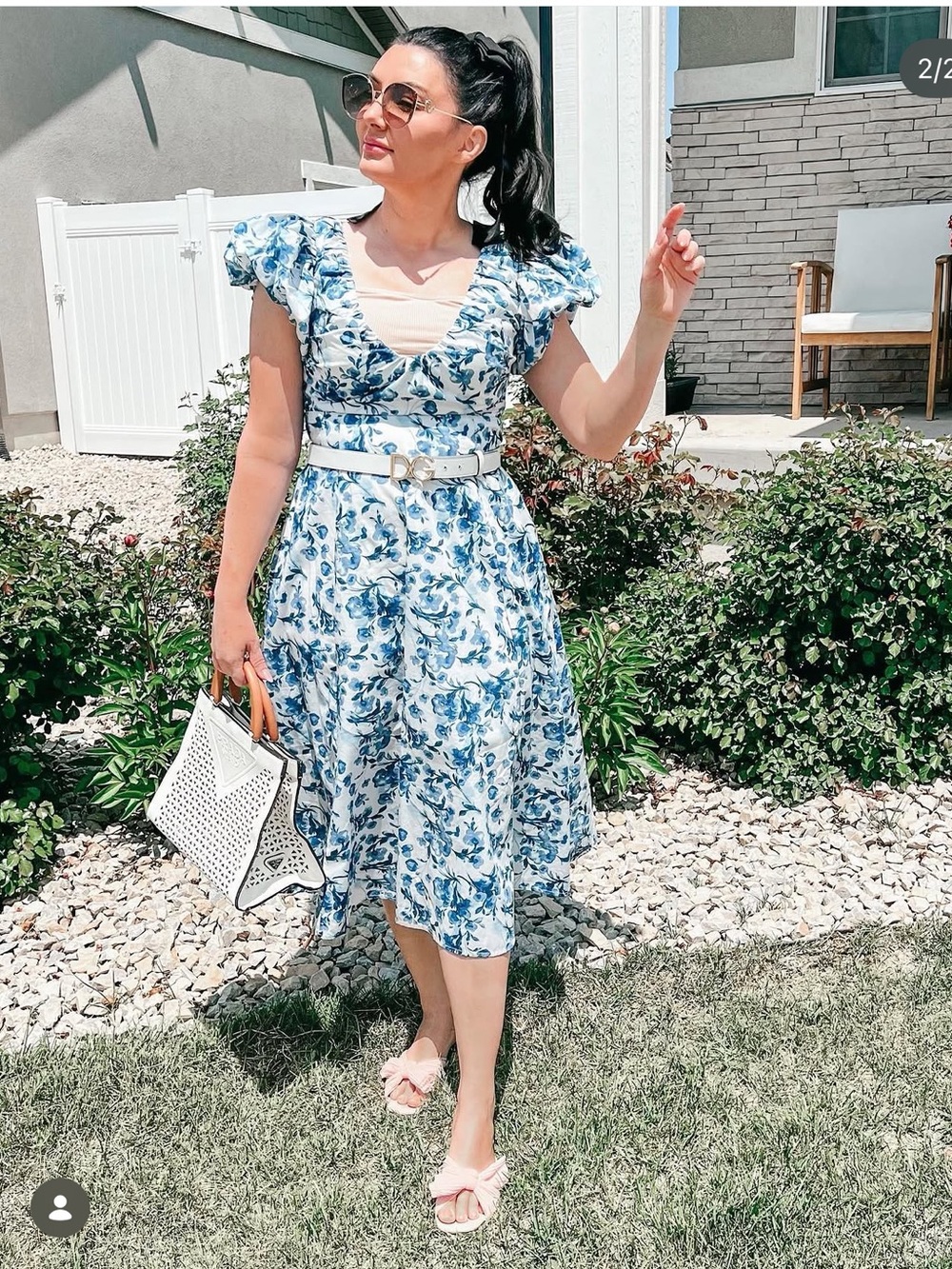 Abercrombie & Fitch blue and white puff sleeve midi dress - Picture 6 of 11